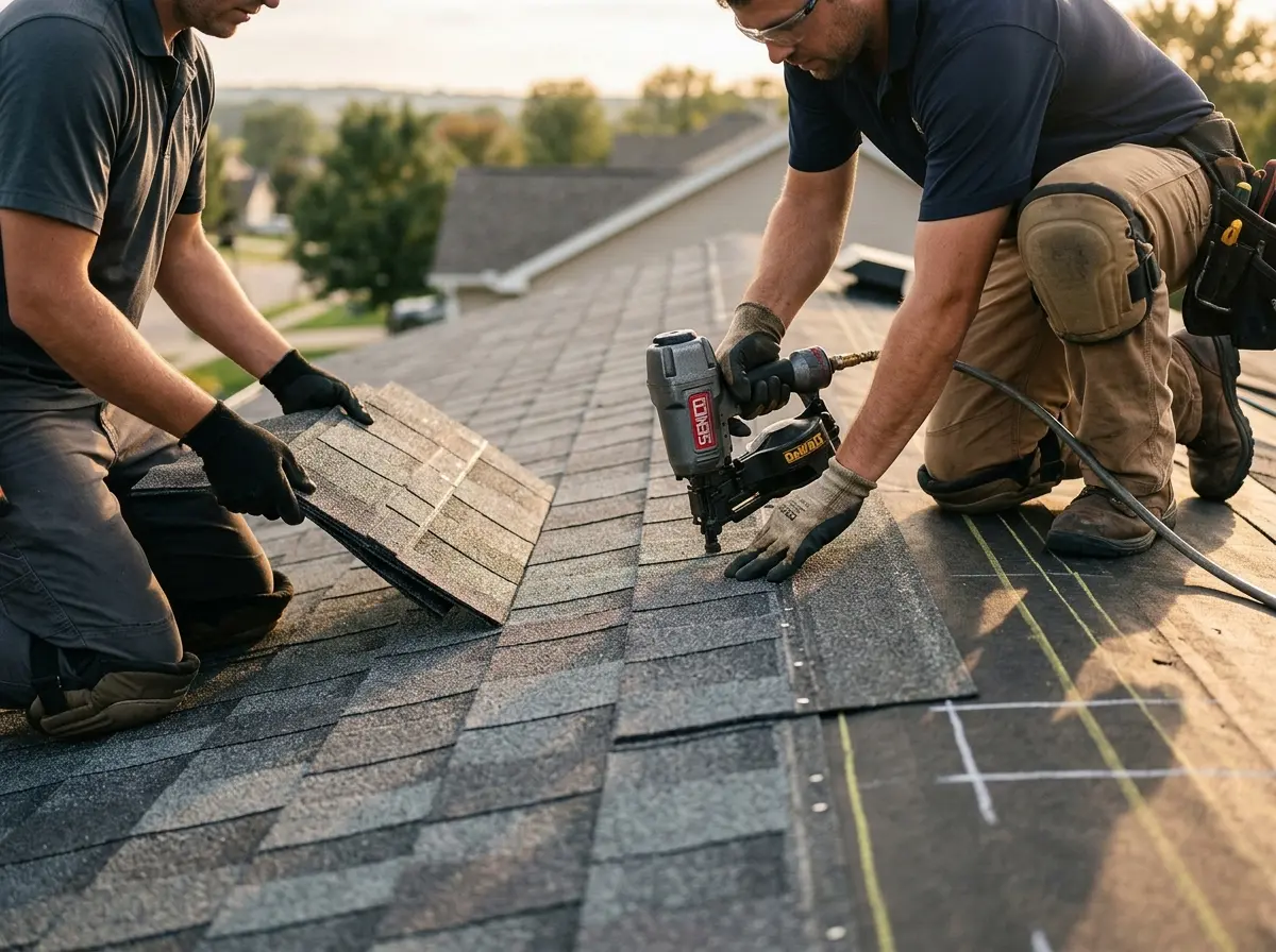 Professional roofer working on a residential roof in Pennsauken